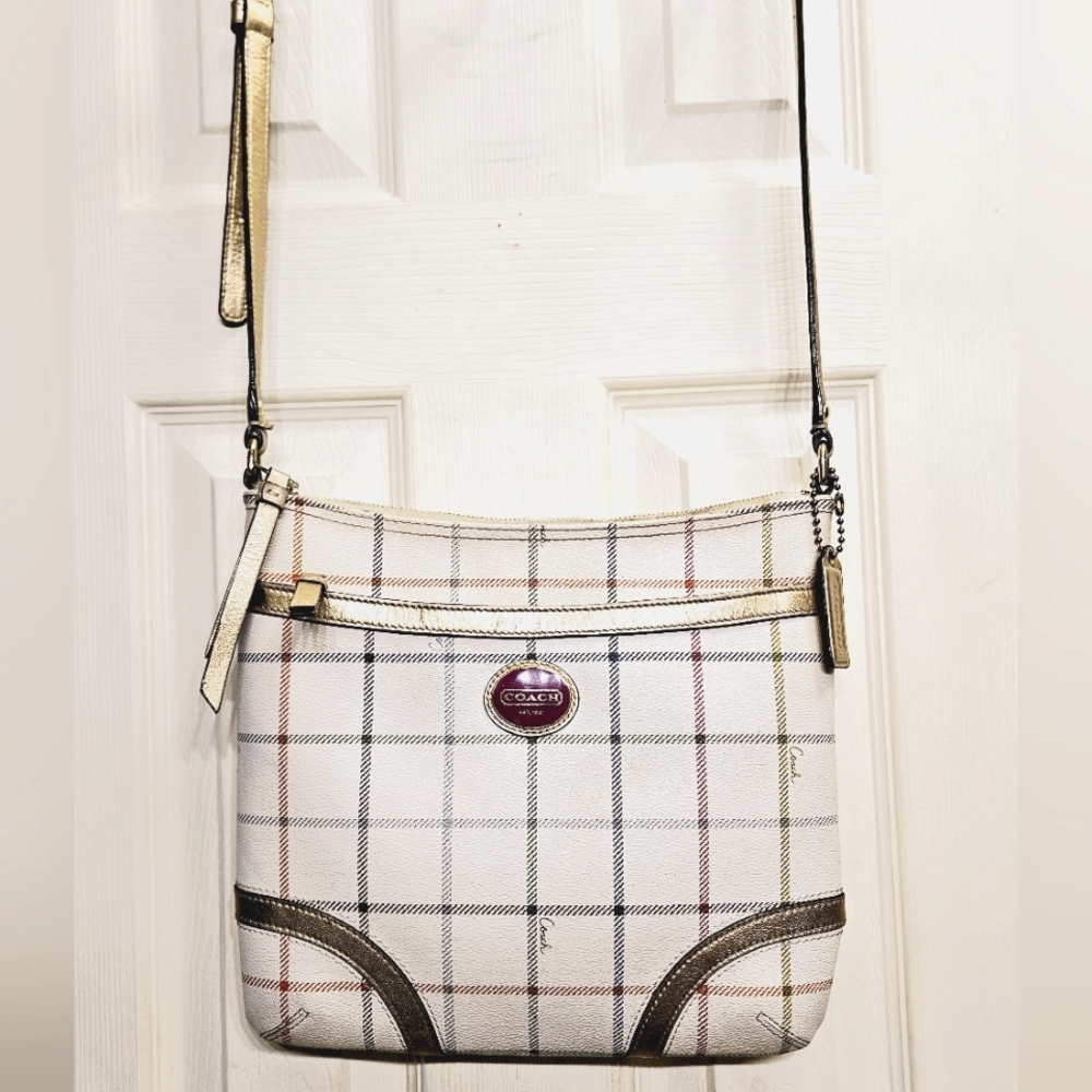 Coach peyton tattersall white gold multicolor crossbody purse shoulderbag